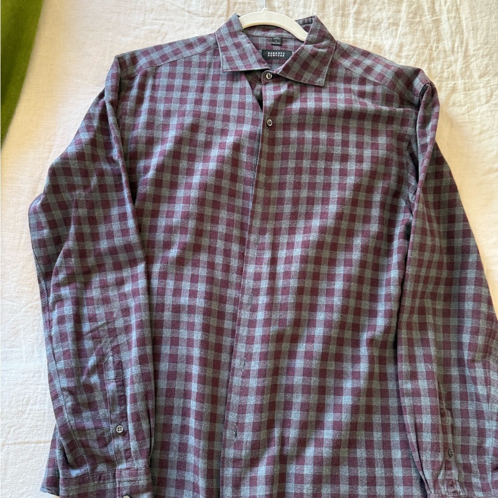 Barneys New York Burgundy and Gray Check Shirt